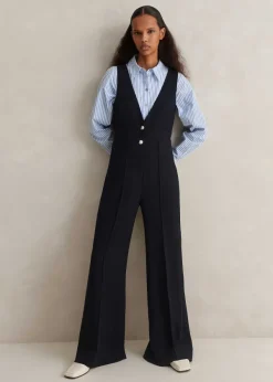ME+EM Textured Low V Wide-Leg Jumpsuit Navy