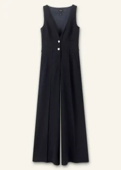 ME+EM Textured Low V Wide-Leg Jumpsuit Navy