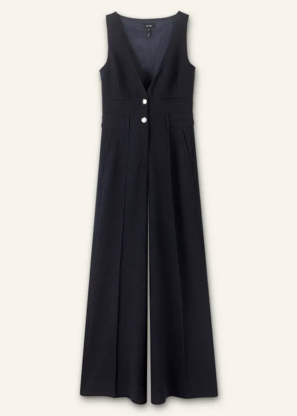 ME+EM Textured Low V Wide-Leg Jumpsuit Navy