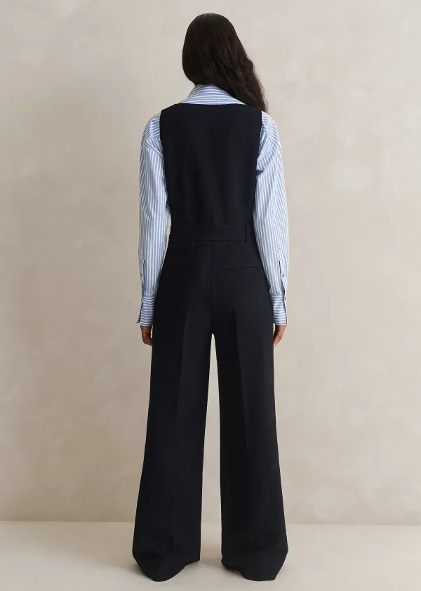 ME+EM Textured Low V Wide-Leg Jumpsuit Navy