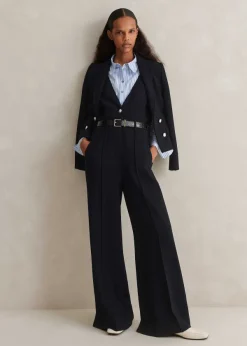 ME+EM Textured Low V Wide-Leg Jumpsuit Navy