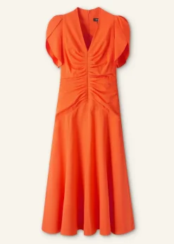 New ME+EM Textured Pleat Front Midi Dress Orange Zing