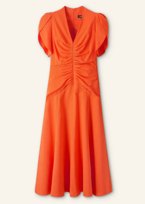 New ME+EM Textured Pleat Front Midi Dress Orange Zing