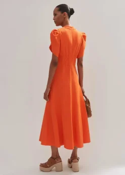 New ME+EM Textured Pleat Front Midi Dress Orange Zing