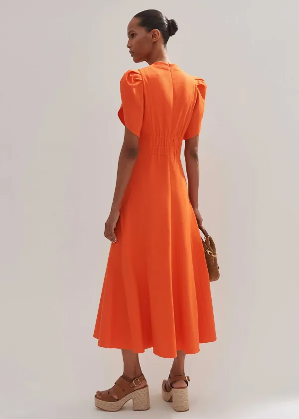 New ME+EM Textured Pleat Front Midi Dress Orange Zing