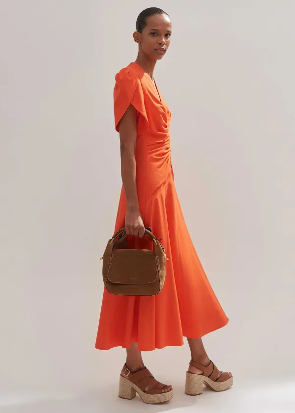 New ME+EM Textured Pleat Front Midi Dress Orange Zing