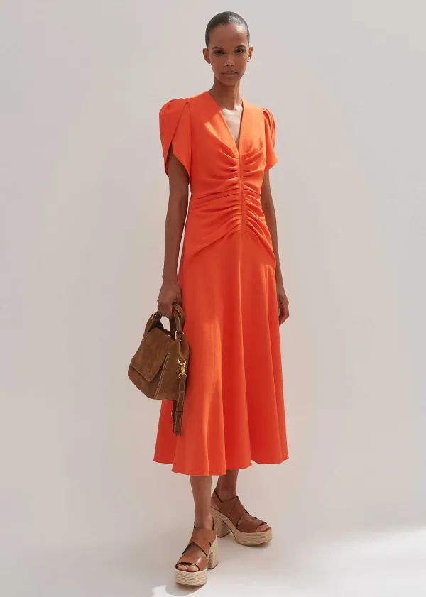 New ME+EM Textured Pleat Front Midi Dress Orange Zing