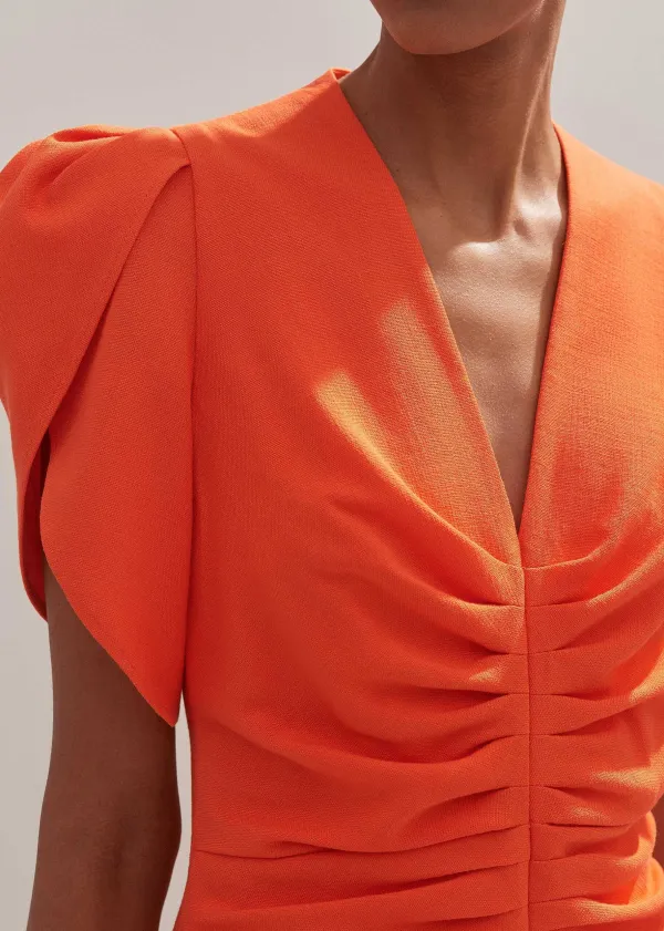New ME+EM Textured Pleat Front Midi Dress Orange Zing