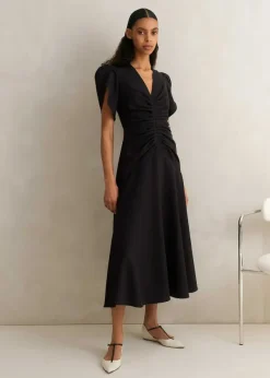 Online ME+EM Textured Pleat Front Midi Dress Black