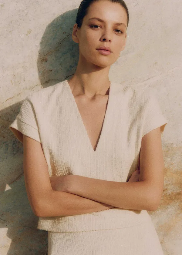 Discount ME+EM Textured V-Neck Top Cream
