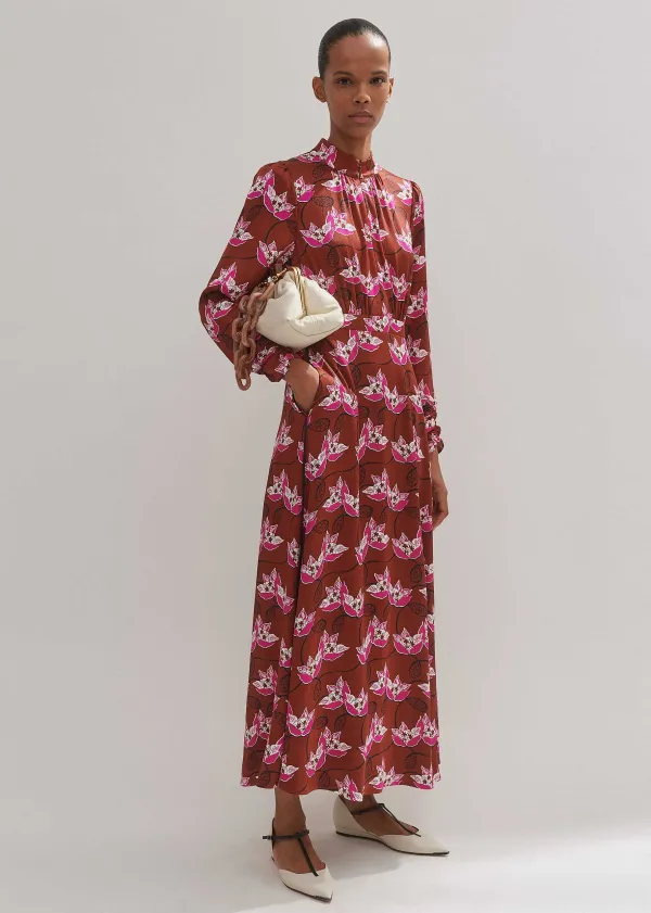 New ME+EM Waterlily Print Maxi Dress + Belt Pecan/Pink/Light Cream